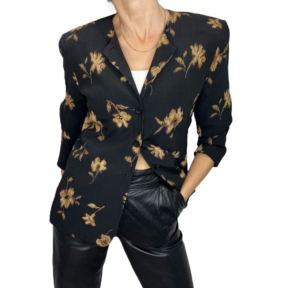 SOLD Jones New York 100% silk Floral Black and tan Women's Jacket blazer 10P - Picture 1 of 13